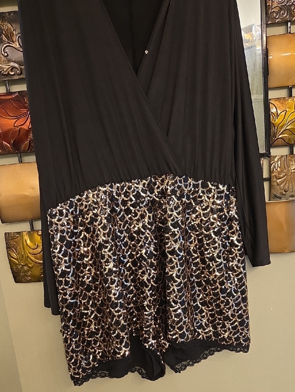 Black Long-Sleeve Romper with Gold & Silver Sequin Skirt